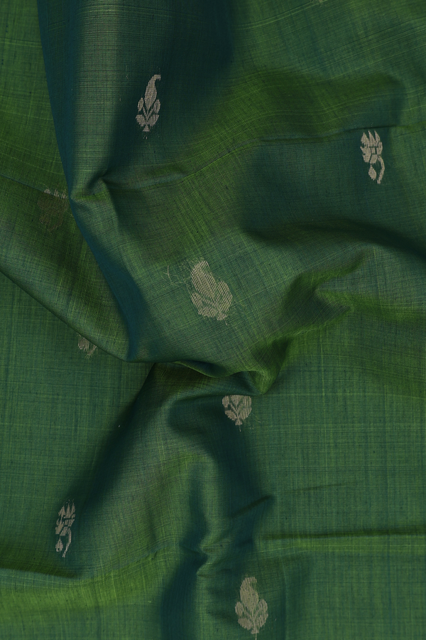 Kora Silk Cotton Saree In Leaf Green With Paisley Buttas
