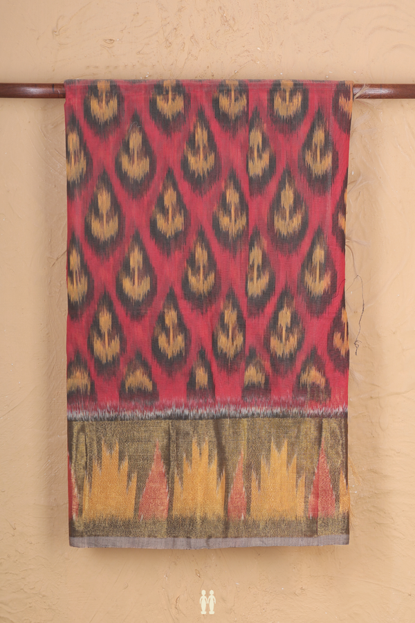 Kora Silk Cotton Saree In Dusty Red With Ikat Design