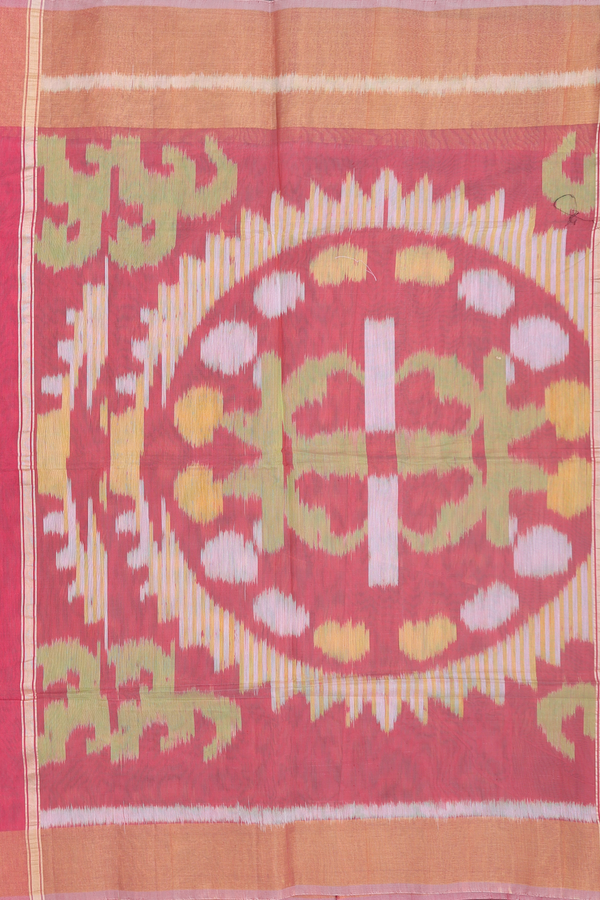 Kora Silk Cotton Saree In Dusty Red With Ikat Design