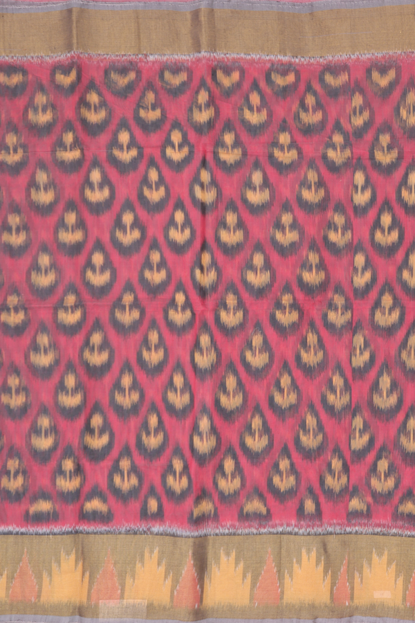 Kora Silk Cotton Saree In Dusty Red With Ikat Design