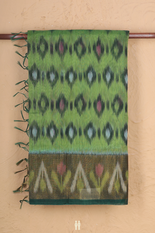 Kora Silk Cotton Saree In Fern Green With Ikat Design