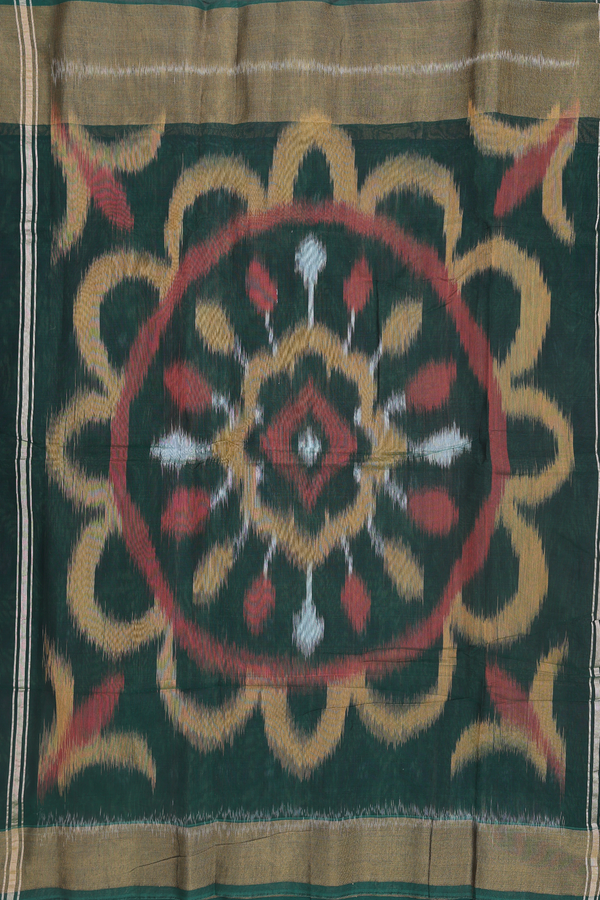Kora Silk Cotton Saree In Fern Green With Ikat Design