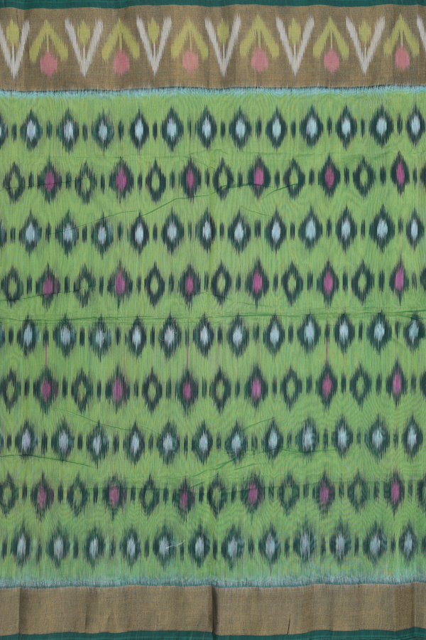 Kora Silk Cotton Saree In Fern Green With Ikat Design