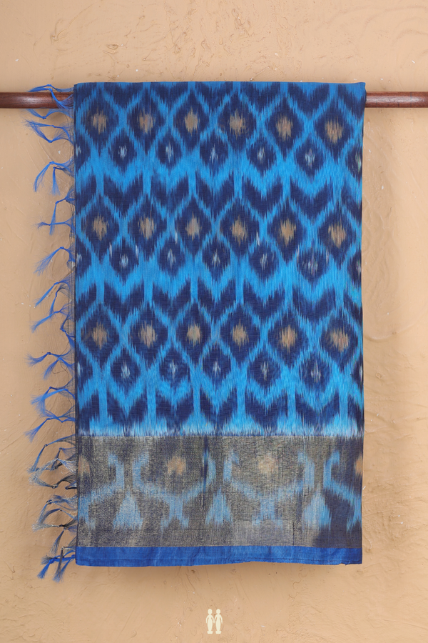Kora Silk Cotton Saree In Cerulean Blue With Ikat Design