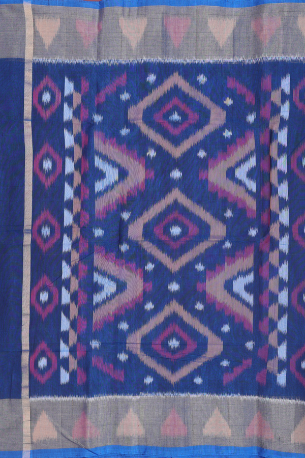 Kora Silk Cotton Saree In Cerulean Blue With Ikat Design