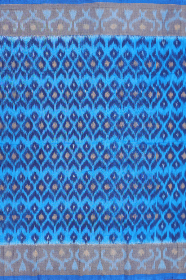 Kora Silk Cotton Saree In Cerulean Blue With Ikat Design