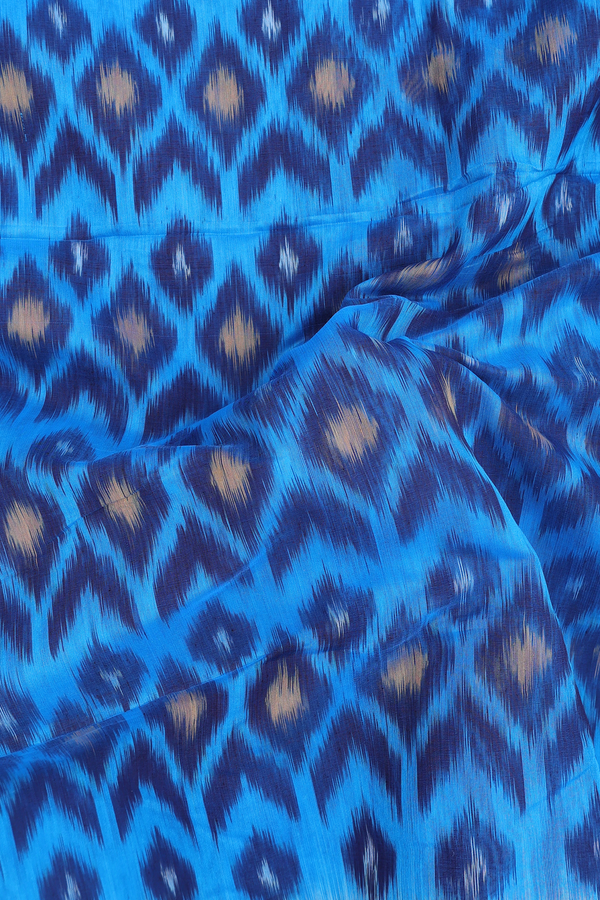 Kora Silk Cotton Saree In Cerulean Blue With Ikat Design