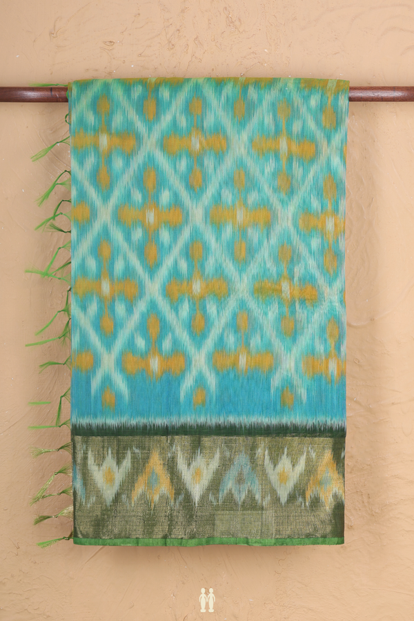 Kora Silk Cotton Saree In Green With Diamond Design