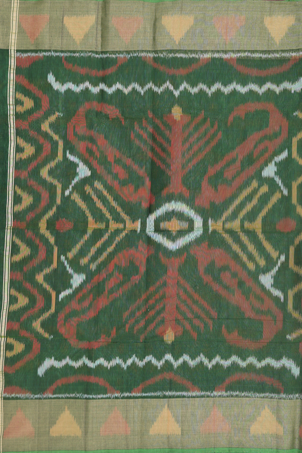 Kora Silk Cotton Saree In Green With Diamond Design
