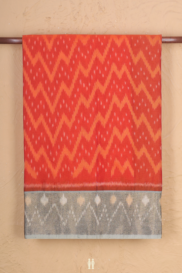 Kora Silk Cotton Saree In Bright Orange With Chevron Design