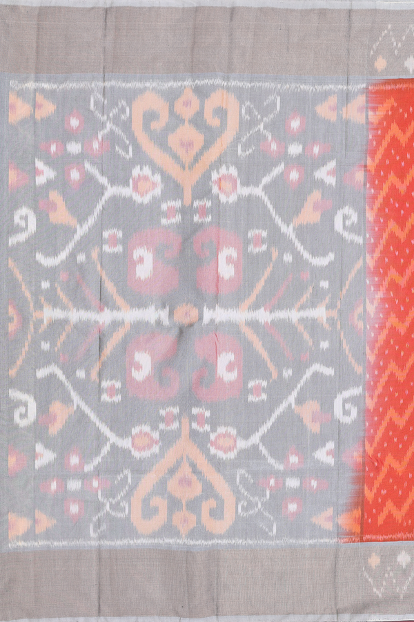 Kora Silk Cotton Saree In Bright Orange With Chevron Design