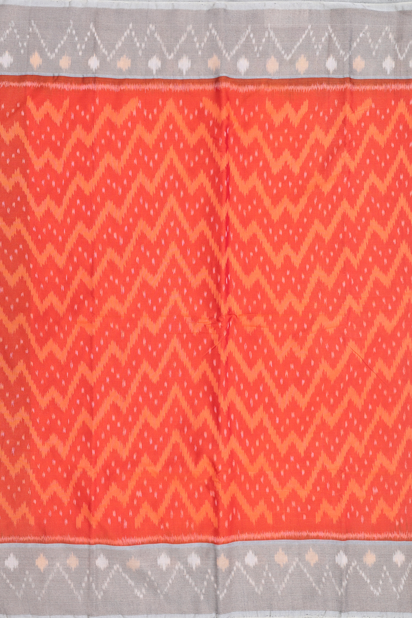 Kora Silk Cotton Saree In Bright Orange With Chevron Design