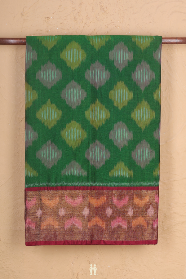 Kora Silk Cotton Saree In Emerald Green With Diamond Design