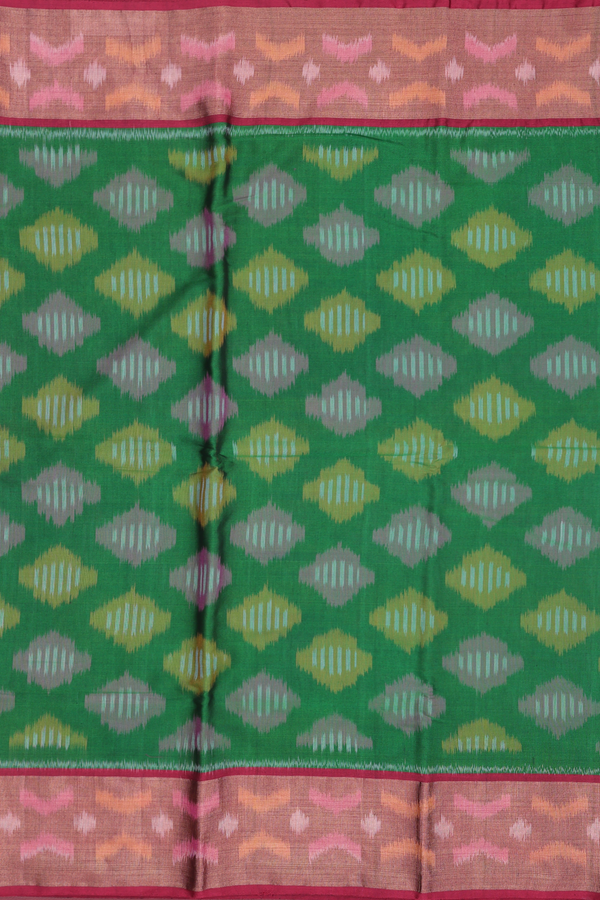 Kora Silk Cotton Saree In Emerald Green With Diamond Design