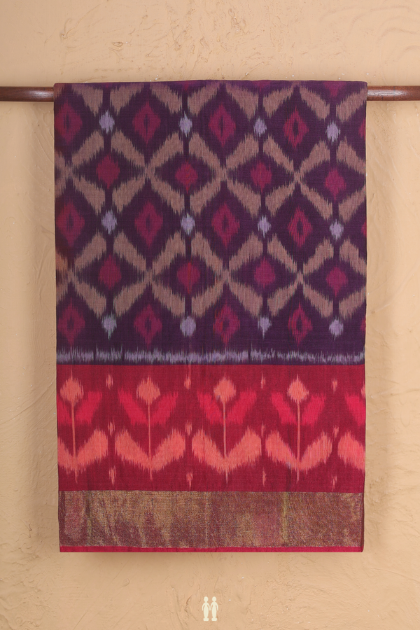 Kora Silk Cotton Saree In Regal Purple With Ikat Design