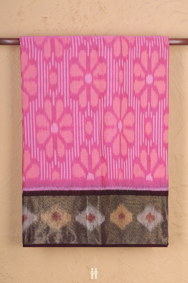 Kora Silk Cotton Saree In Pink With Floral Design