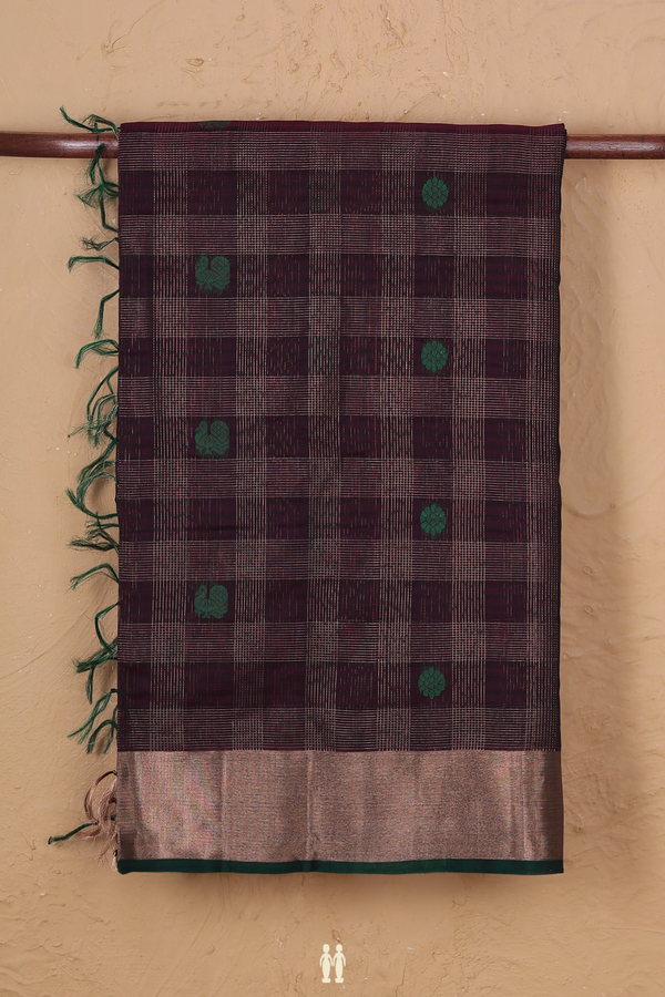 Kora Silk Cotton Saree In Coffee Brown With Checks Design