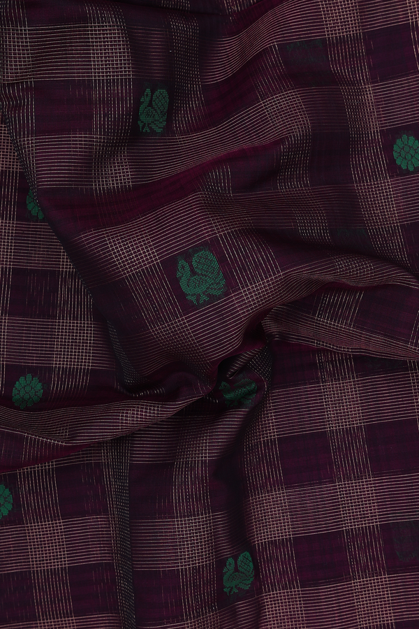 Kora Silk Cotton Saree In Coffee Brown With Checks Design