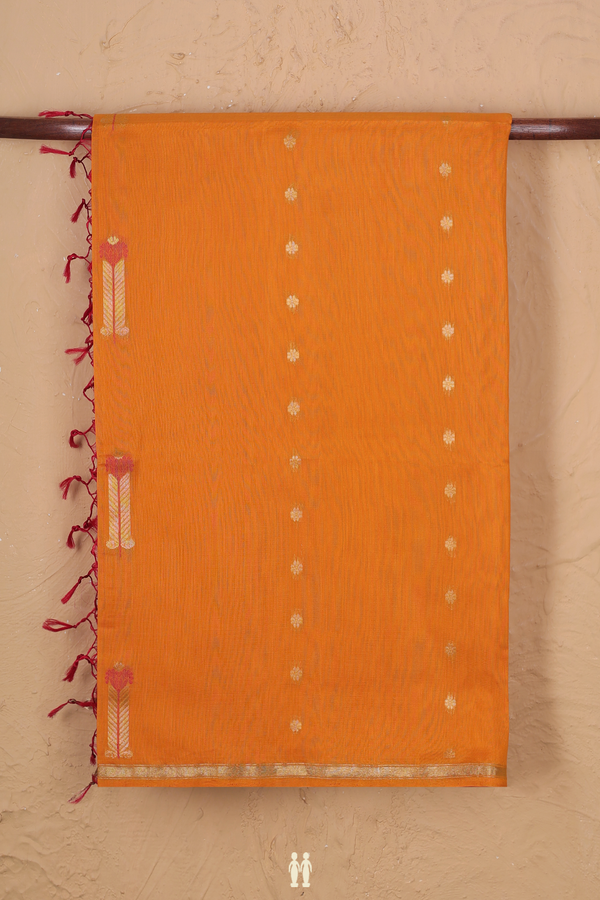 Kora Silk Cotton Saree In Ochre Orange With Allover Buttas