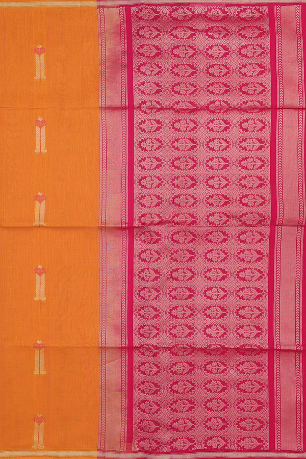 Kora Silk Cotton Saree In Ochre Orange With Allover Buttas
