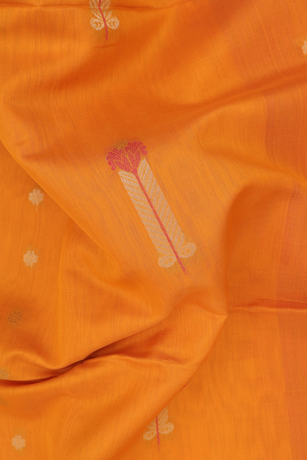 Kora Silk Cotton Saree In Ochre Orange With Allover Buttas