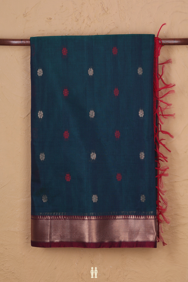 Kora Silk Cotton Saree In Midnight Green With Floral Buttas