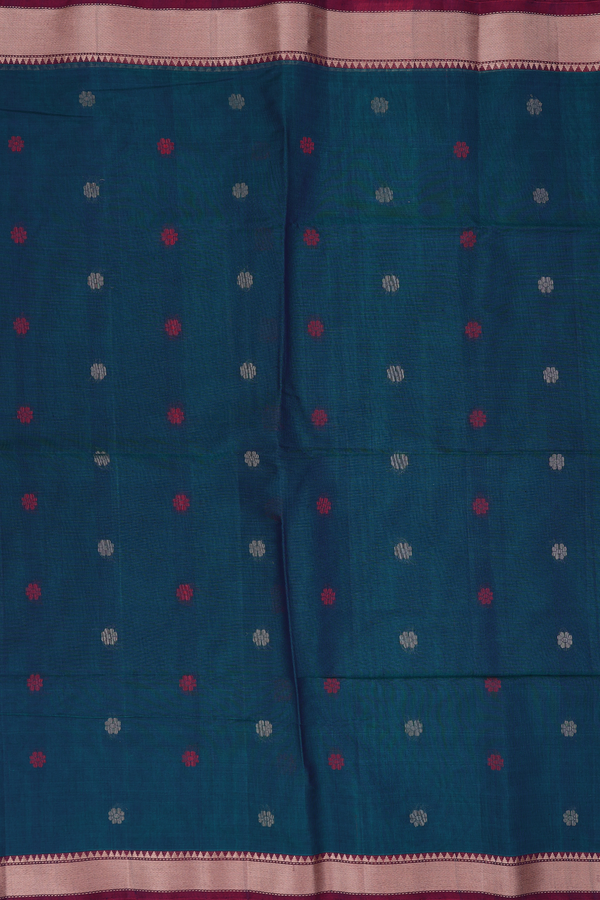 Kora Silk Cotton Saree In Midnight Green With Floral Buttas