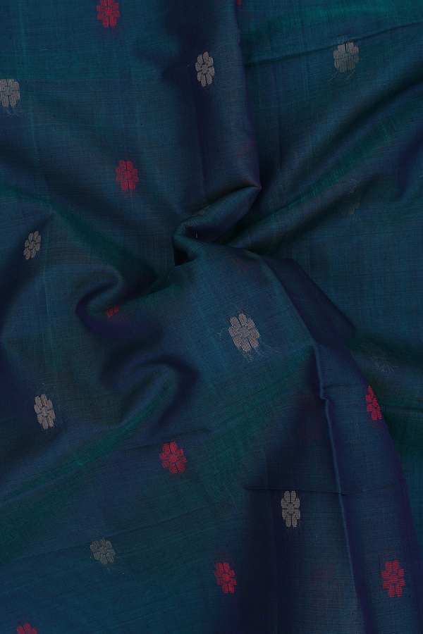 Kora Silk Cotton Saree In Midnight Green With Floral Buttas
