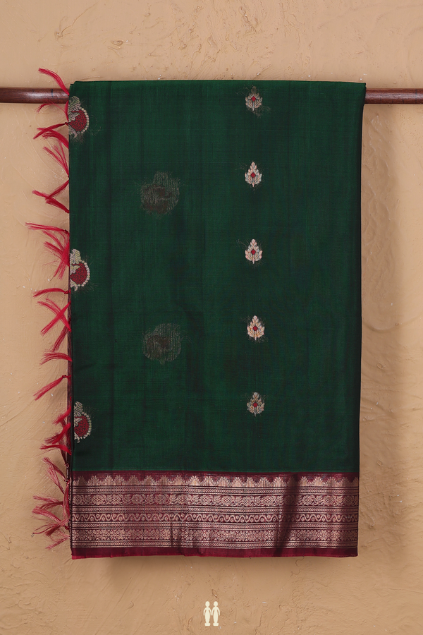 Kora Silk Cotton Saree In Forest Green With Allover Buttas