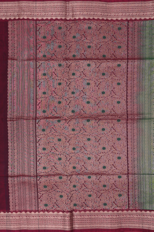 Kora Silk Cotton Saree In Forest Green With Allover Buttas