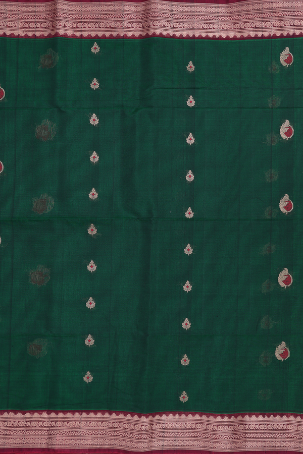 Kora Silk Cotton Saree In Forest Green With Allover Buttas