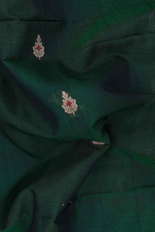 Kora Silk Cotton Saree In Forest Green With Allover Buttas