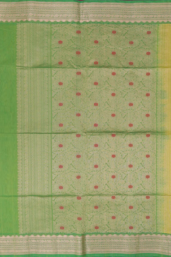 Kora Silk Cotton Saree In Green With Allover Buttas