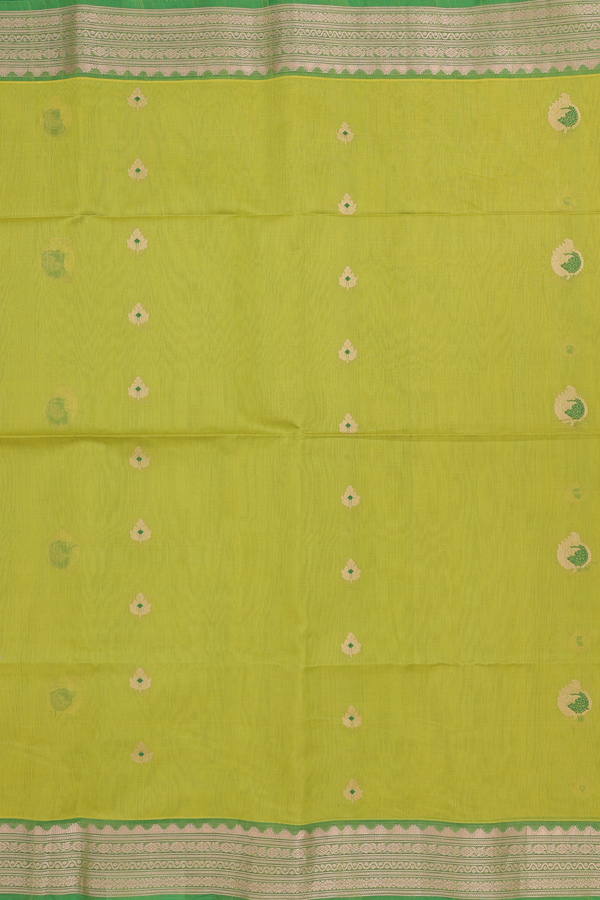 Kora Silk Cotton Saree In Green With Allover Buttas