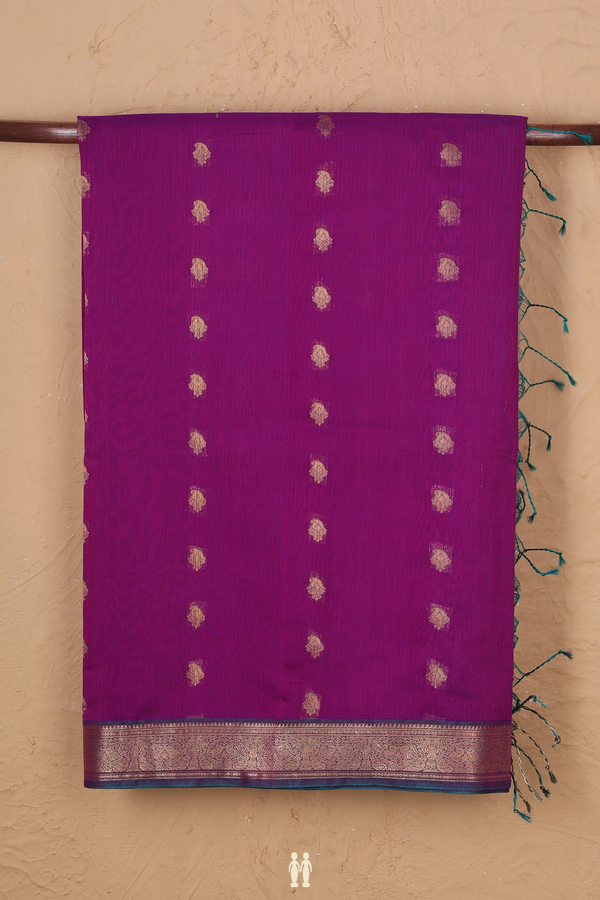Kora Silk Cotton Saree In Grape Purple With Paisley Buttas