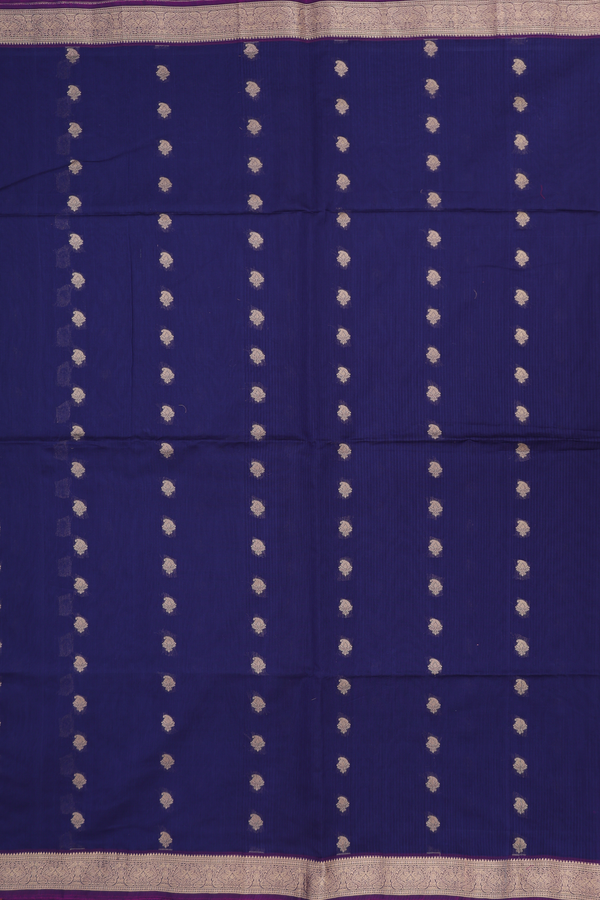 Kora Silk Cotton Saree In Oxford Blue With Paisley Design