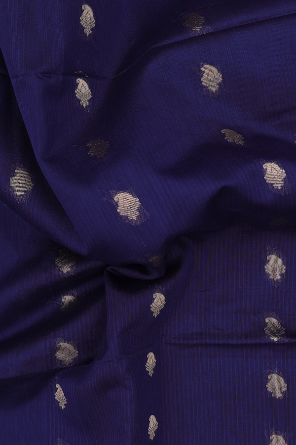 Kora Silk Cotton Saree In Oxford Blue With Paisley Design