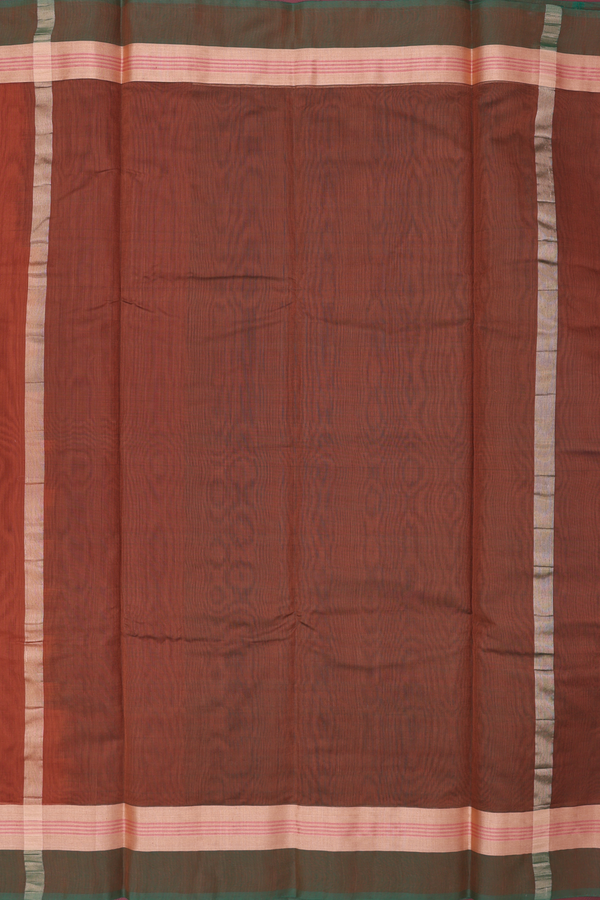 Kora Cotton Saree In Rust Brown With Contrast Border