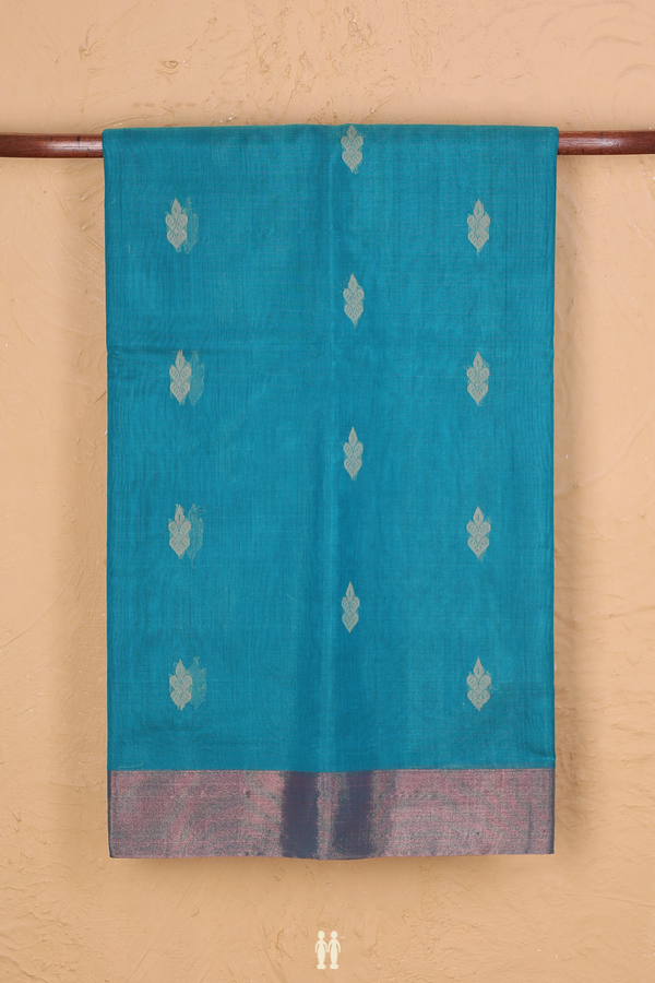 Kora Silk Cotton Saree In Teal Blue With Threadwork Buttas