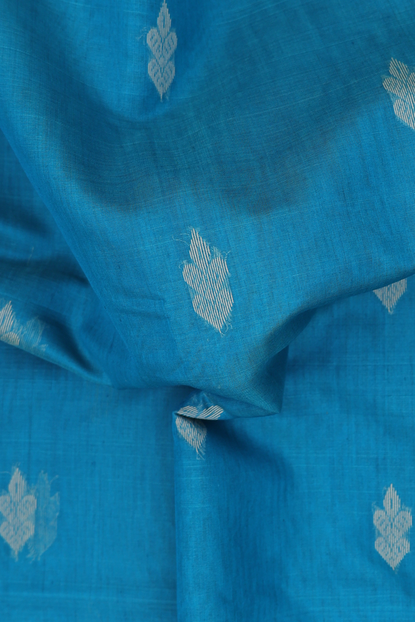 Kora Silk Cotton Saree In Teal Blue With Threadwork Buttas