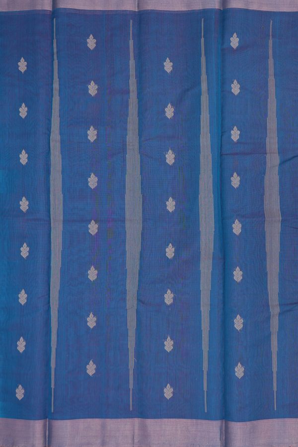 Kora Silk Cotton Saree In Teal Blue With Threadwork Buttas