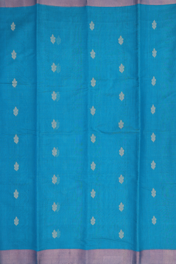 Kora Silk Cotton Saree In Teal Blue With Threadwork Buttas