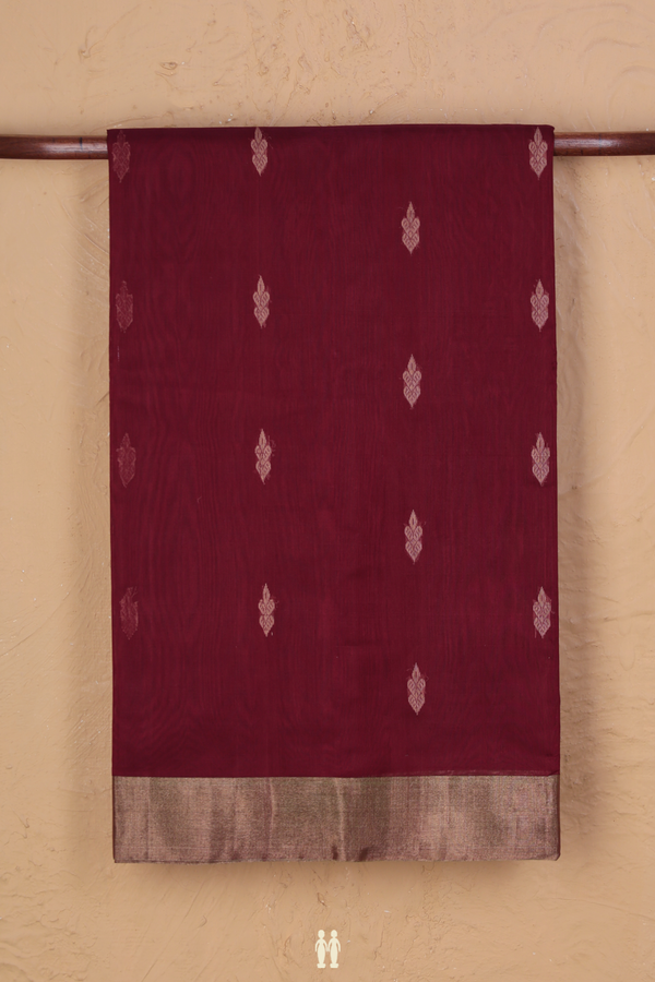 Kora Silk Cotton Saree In Dark Maroon With Threadwork Buttas