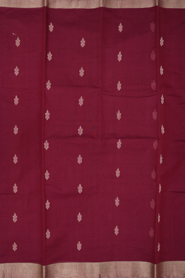 Kora Silk Cotton Saree In Dark Maroon With Threadwork Buttas