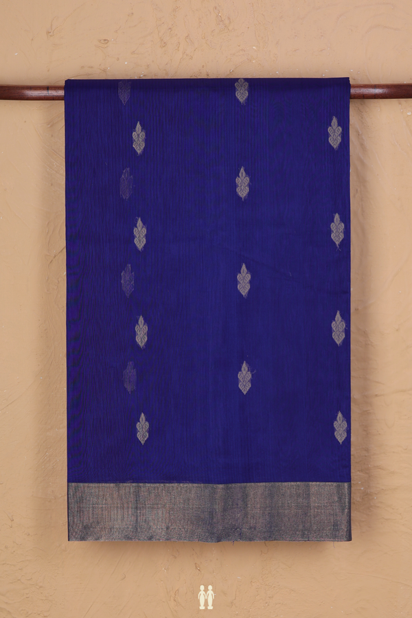 Kora Silk Cotton Saree In Royal Blue With Threadwork Buttas