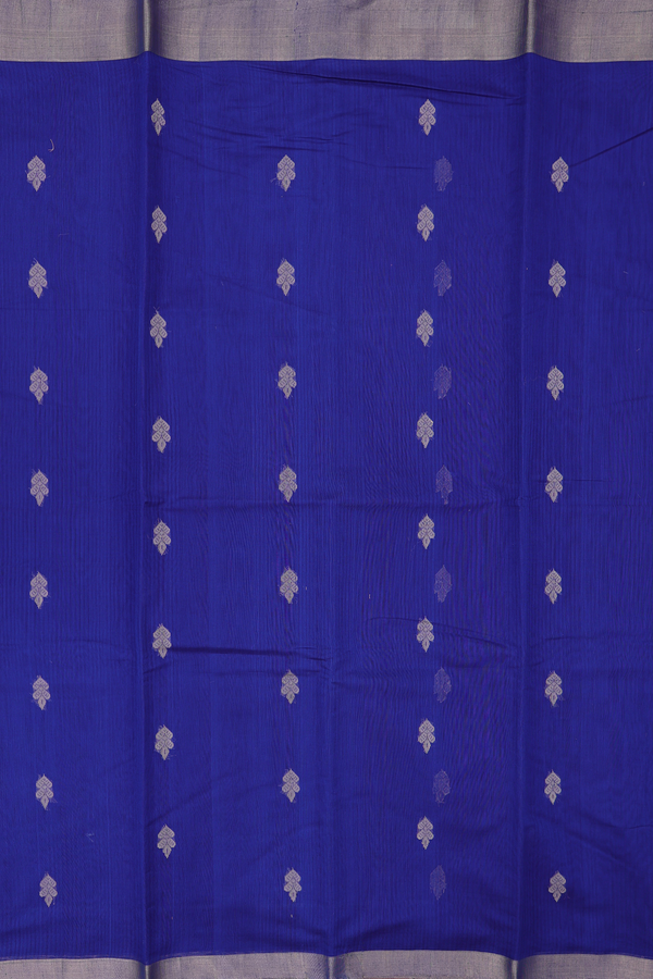 Kora Silk Cotton Saree In Royal Blue With Threadwork Buttas