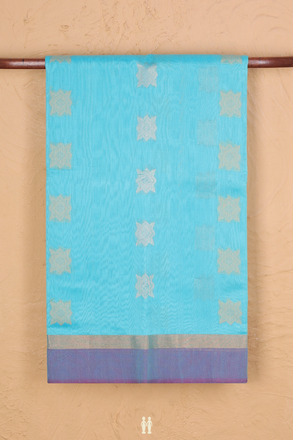 Kora Silk Cotton Saree In Light Blue With Zari Buttas