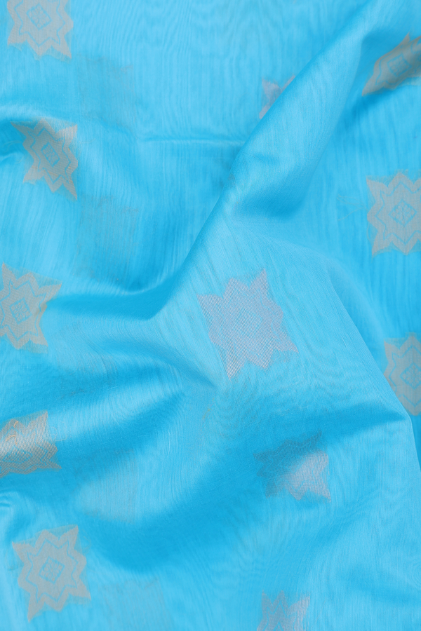 Kora Silk Cotton Saree In Light Blue With Zari Buttas