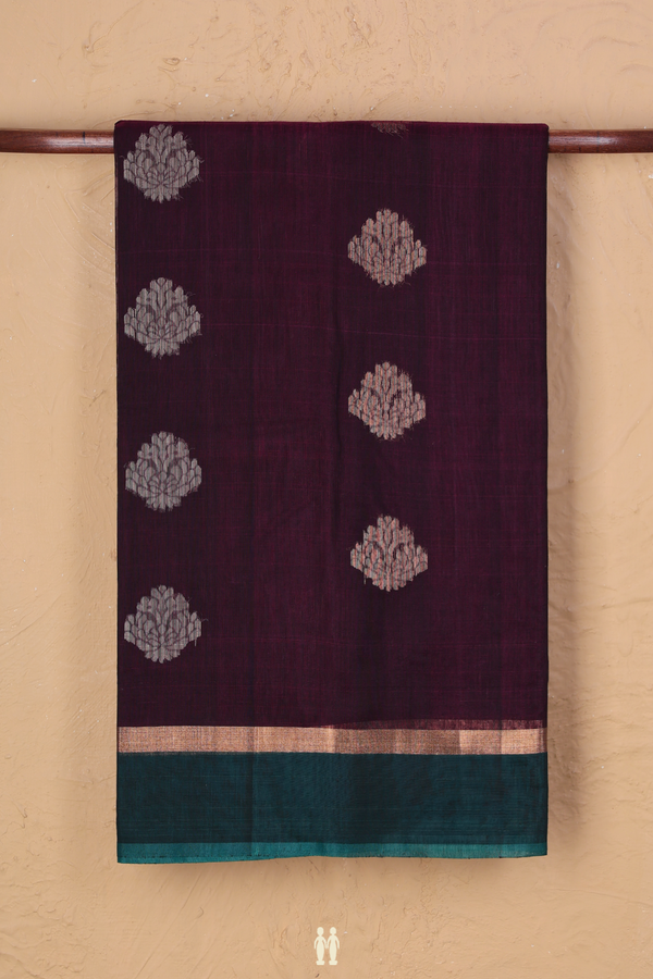 Kora Silk Cotton Saree In Plum Purple With Floral Buttas