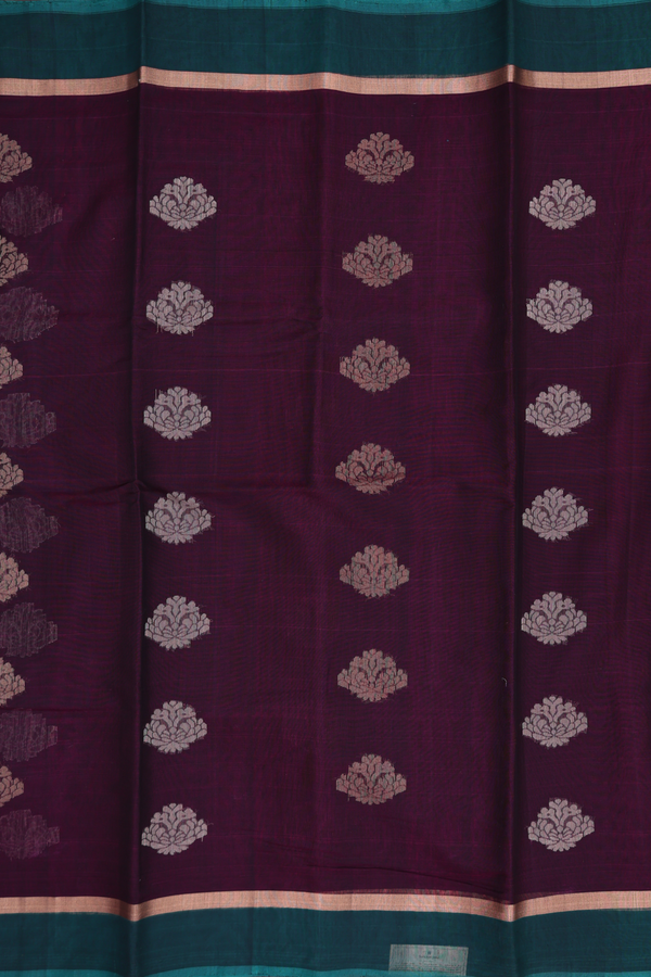 Kora Silk Cotton Saree In Plum Purple With Floral Buttas
